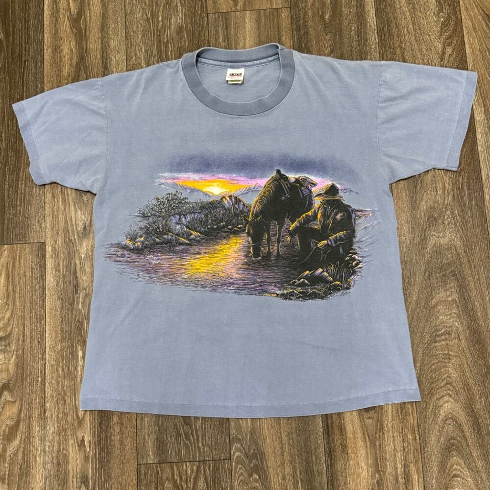 VTG Cowboy Sunset Shirt OFSA Blue Western Rider Single Stitch Anvil Buffalo 1993